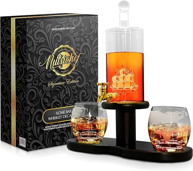 NutriChef Glass Whiskey Decanter - 780ml Barrel Whiskey Carafe Alcohol Decanter Set Glasses, Decanter w/ Spigot, Stopper & Base, For Brandy Wine Cognac Rum Gin Scotch Bourbon