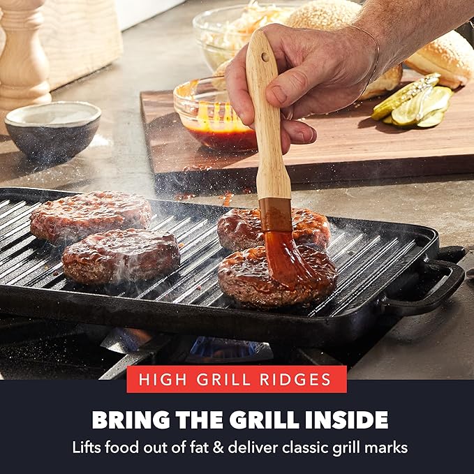 GreenPan x Bobby Flay Cast Iron Pre-Seasoned 16.5 x 9.5” Reversible Double Burner Griddle, Rectangular Grill, Helper Handles, Induction, Versatile Stovetop Oven BBQ & Fire, Indoor & Outdoor Use, Black