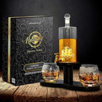 NutriChef Glass Whiskey Decanter - 780ml Barrel Whiskey Carafe Alcohol Decanter Set Glasses, Decanter w/ Spigot, Stopper & Base, For Brandy Wine Cognac Rum Gin Scotch Bourbon