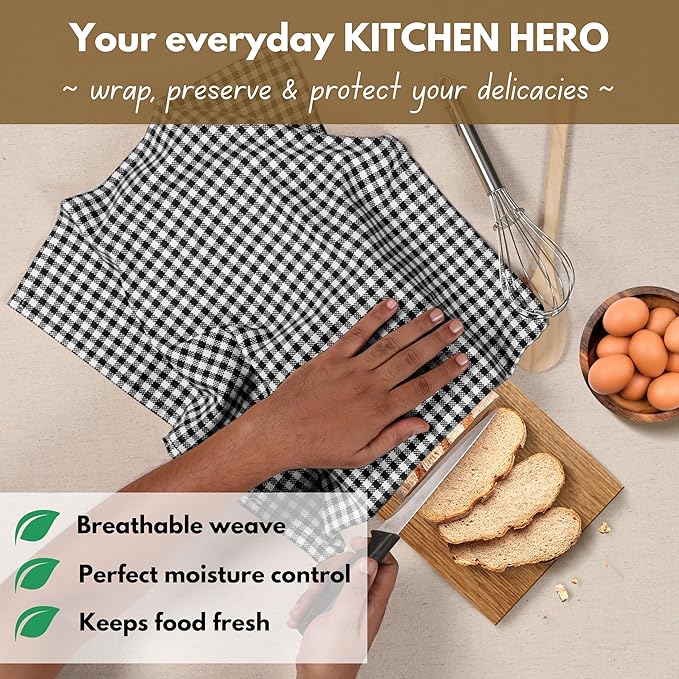 Native Fab Black Gingham Dish Towels 16"x26" Set of 12 - Cotton Mini Check Plaid Towels, Soft Absorbent Dishcloths with Hanging Loop, Kitchen Towel for Quick Drying - Black White