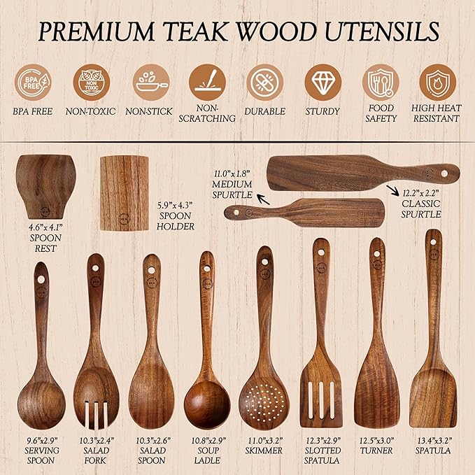 Wooden Spoons for Cooking – 12-Piece Teak Wood Utensil Set with Large Spoon Holder, Spoon Rest & 2 Spurtles – Non-Stick, Heat Resistant, Comfortable Grip Kitchen Tools