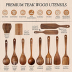 Wooden Spoons for Cooking – 12-Piece Teak Wood Utensil Set with Large Spoon Holder, Spoon Rest & 2 Spurtles – Non-Stick, Heat Resistant, Comfortable Grip Kitchen Tools