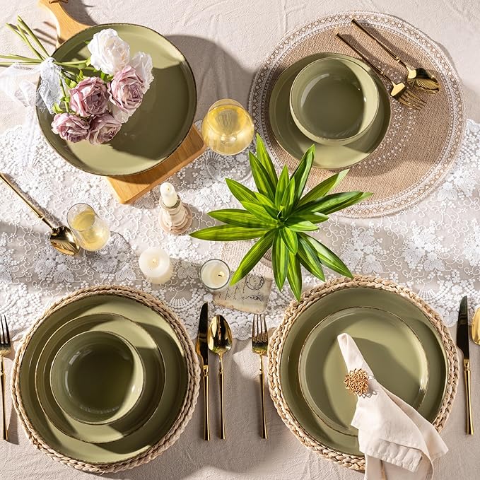 AmorArc Ceramic Dinnerware Sets for 4, 12 Pieces Handpainted Plates and Bowls Set with Rustic Terracotta Underside, Scratch Resistant Stoneware Dishes Set, Dishwasher & Microwave Safe, Olive Green