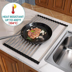 Roll Up Dish Drying Rack, Expandable (12.8"-23.8" D x 12.8" W) Stainless Steel Portable Over The Sink Dish Drainer for Kitchen Sink Counter, Foldable Sink Cover with Removable Utensil Holder