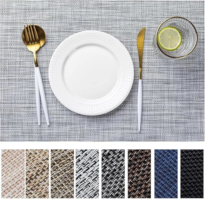 LEXMORE PVC Woven Placemats 4 PCS Wipeable Indoor/Outdoor Table Mats Washable Vinyl Place Mats for Dining Table, Set of 4-Gray