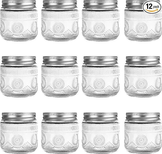 Amzcku 8 oz Vintage Mason Jars with Lids, Regular Mouth Canning Jar, Safe For Storage, Canning, Pickling, Preserving, Fermenting, DIY Crafts & Decor 12 Pack