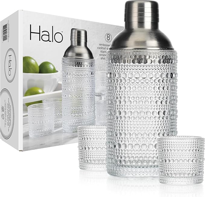 Glaver's Cocktail Shaker Set, Glass 15.2 oz Shaker, 6 Hobnail Shot Glasses, Stainless Steel Strainer Cap,Glass Shaker Set for Bars. Dishwasher Safe