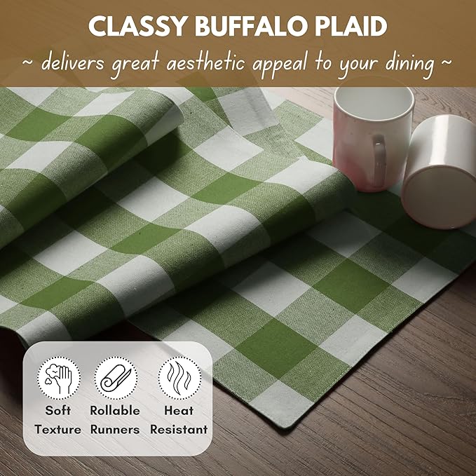 Native Fab Table Runner Buffalo Check Plaid 100% Cotton - 13x108 Inches Kitchen Dining Table Decoration for Indoor Outdoor Farmhouse Home Party Decor - Mint Green and White