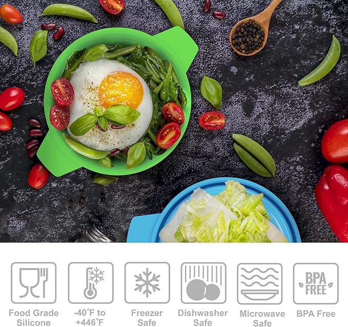 Bakerpan Silicone Microwave Egg Cooker, 4.75" x 1.75" Small Microwave Bowl with Lid, Mini Collapsible Silicone Egg Poacher, 1 1/2 Cup Capacity - Set of 4