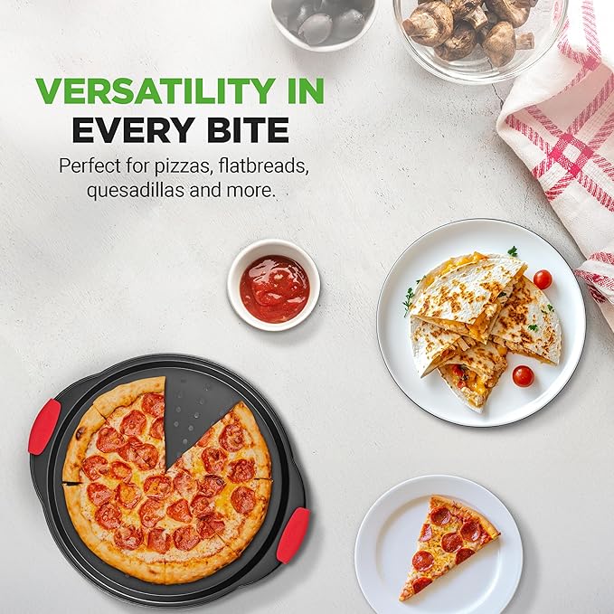 NutriChef 13-Inch Nonstick Pizza Tray - Round Carbon Steel Non-Stick Pizza Baking Pan with Perforated Holes, Premium Bakeware Pizza Screen with Silicone Grip Handles, Dishwasher Safe - NCBPIZ1