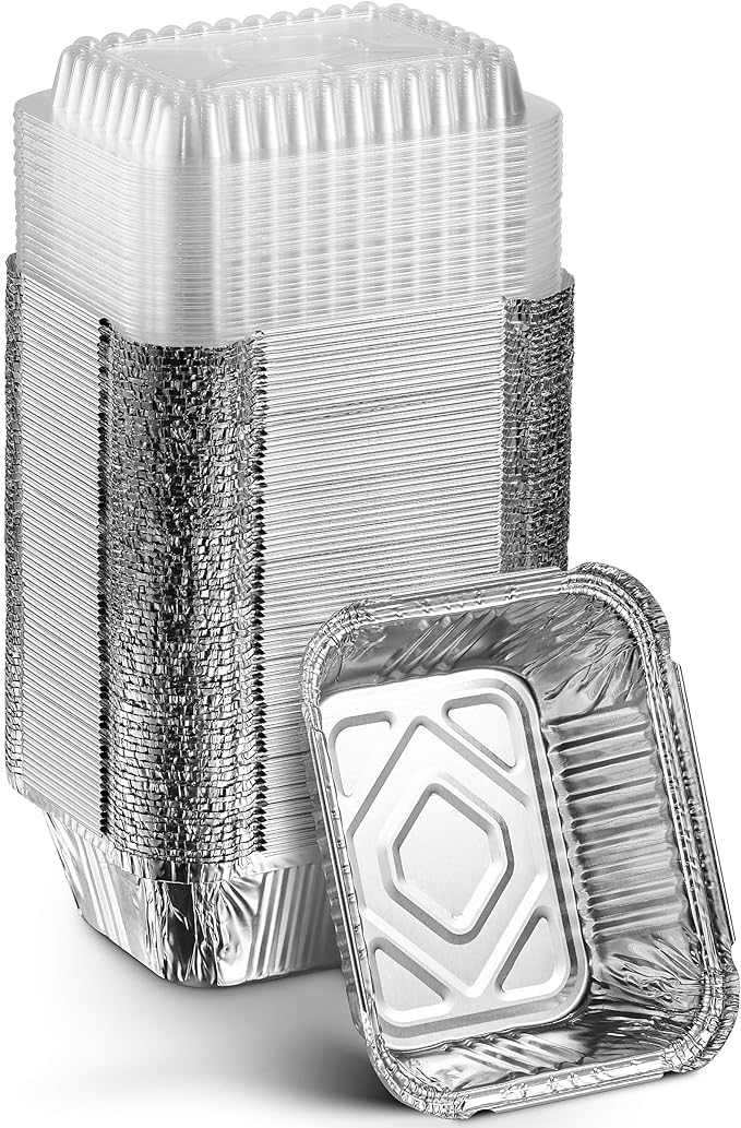 MontoPack Disposable Takeout Pans with Clear Lids | 1lb Capacity Aluminum Foil Food Containers with Strong Seal for Freshness & Spill Resistance | Eco-Friendly & Recyclable | 50-Pack of 5x4” Drip Pan