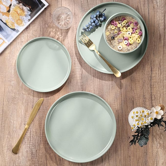 HaWare Stoneware Dinnerware Sets, 6-Piece Plates and Bowls Set for 2, Dishes Set for Home Restaurant, Speckled Asparagus Green