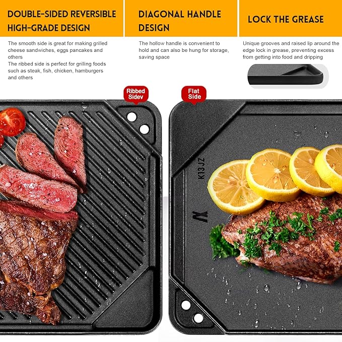 GGC Cast Iron Reversible Griddle, Double-sided Griddle pan for Indoor and Outdoor Cooking, 20 x 10.5 Baking Flat and Ribbed Griddle Plate for Stove Tops, Gas Grills and Camping