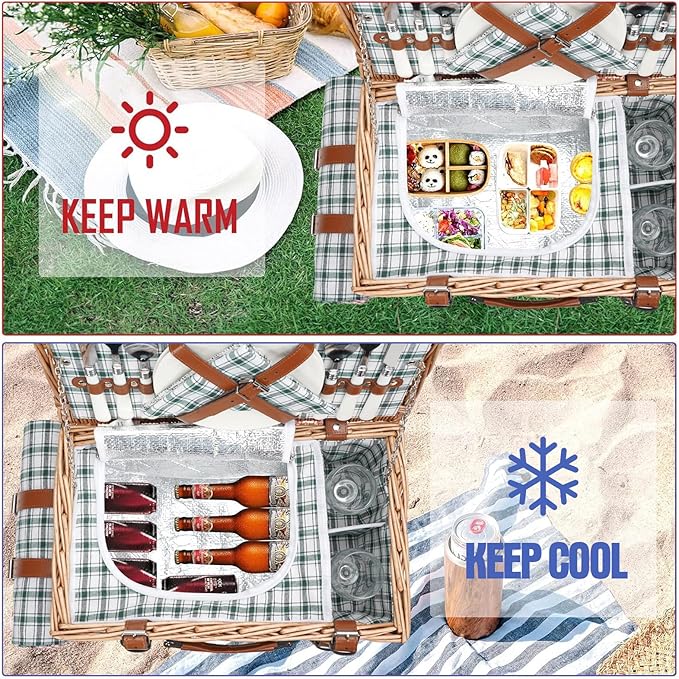 Wicker Picnic Basket Set for 2 Persons with Waterproof Picnic Blanket and Large Insulated Cooler Compartment, Willow Picnic Hamper Basket with Cutlery Service Kits for Camping, Wedding (Red)
