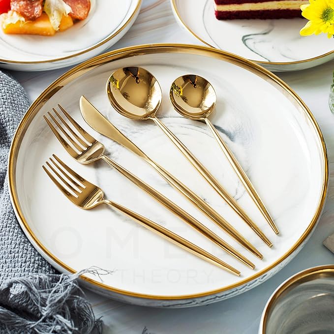 Homelux Theory 18/10 Gold Silverware Set, 5pc Mirror Polished Modern Silverware Set, 18/10 Gold Flatware, Knife Set, Knife Spoons & Forks Set, Modern Cutlery Set of 2