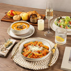 AmorArc Ceramic Dinnerware Sets with Pasta Bowls for 8, Handpainted Plates and Bowls Set with Rustic Terracotta Underside, Scratch Resistant Dishes Set, Dishwasher & Microwave Safe, 32 Pcs