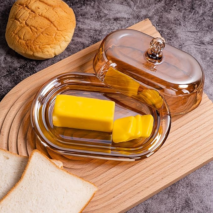 Champagne Color Glass Butter Dish with Lid, Covered Butter Stick Holder Tray, Large Crystal Glass Butter Storage Container for Kitchen Countertop