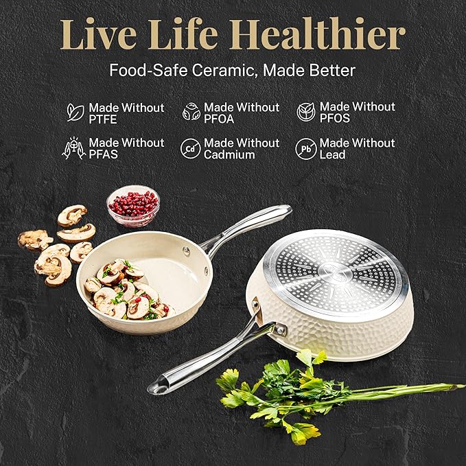 Gotham Steel Hammered 15Pcs Ceramic Cookware Set Nonstick, Induction Pots and Pans Set Non Stick with Bakeware Set & Steamer for Cooking, Non Toxic PFOA PFOS Free, Oven & Dishwasher Safe, Cream White