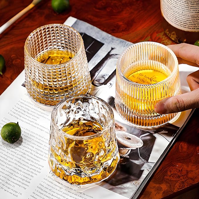 Crystal Whiskey Glasses 5 OZ Set of 3, Rotatable Old Fashioned Glasses, Tumbler Rocks Bar Glass for Drinking Bourbon, Scotch, Cocktails, Cognac（Small Size）