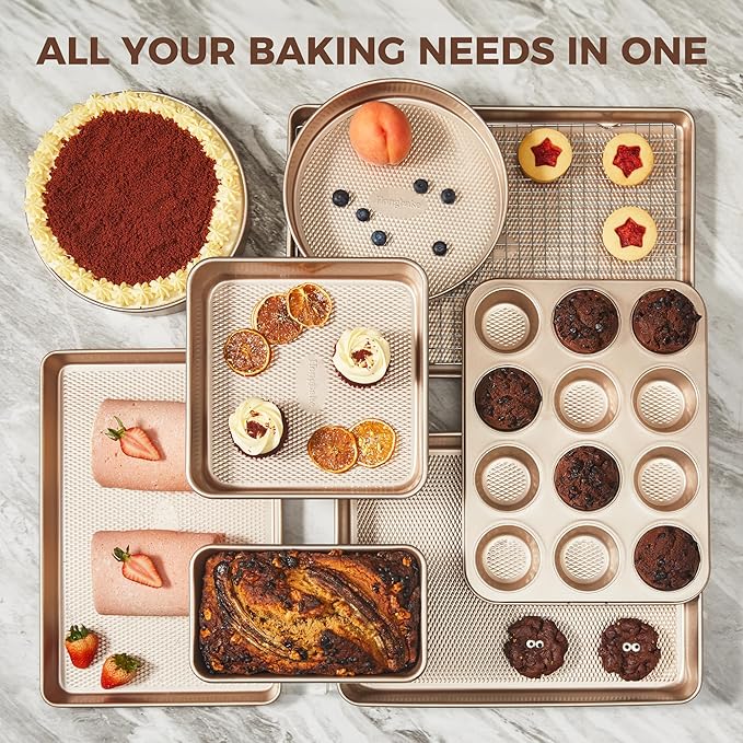 HONGBAKE 9-Piece Baking Pans Set Nonstick, Stackable Non Toxic Bakeware Sets with Diamond Texture, Oven Pan Set for Cooking, Includes Cookie Sheet with Rack, Cake Pan, Roasting Pan, Muffin Tin, Gold