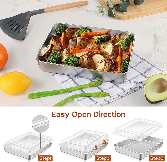 9¼ x 7⅛ x 2 Inch Baking Pan with Lid, Stainless Steel Lasagna Rectangular Cake Pan, 2 Pack