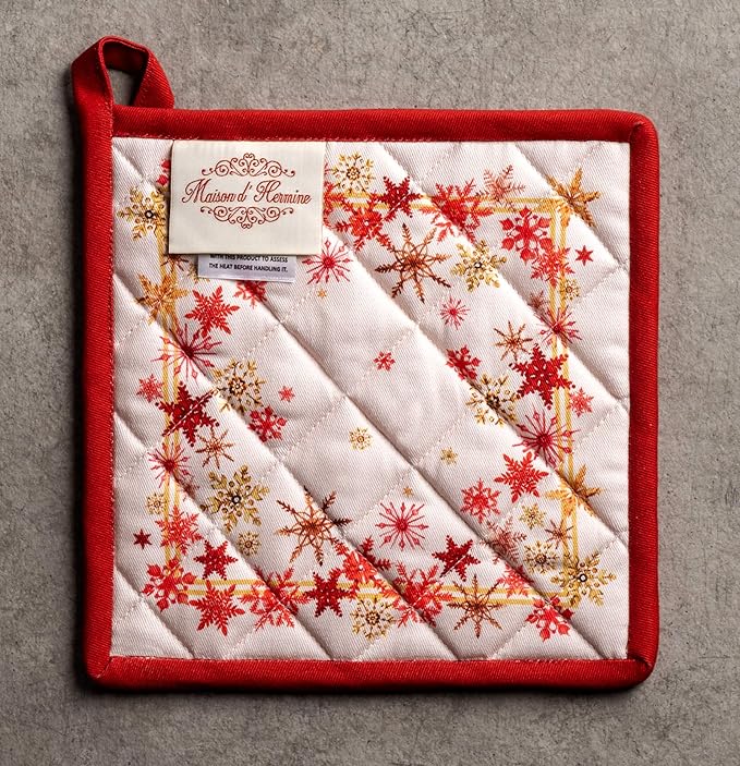 Maison d' Hermine Pot Holders 100% Cotton Heat Resistant Potholders 8" x 8" Hot Pads with Loop BBQ, Cooking, Baking, Grilling, Kitchen, Handling Hot Pans (Pack of 1, Crystal Star)