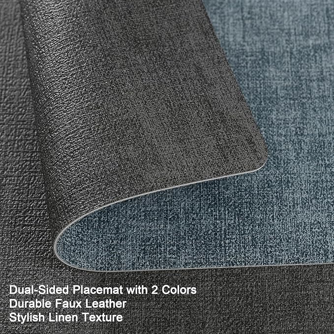 Myir JUN Dual Sided Placemats, Faux Leather Set of 8 for Dining Table, Non-Slip Washable Heat Resistant Indoor Outdoor Table Mats (Gray Light Blue)