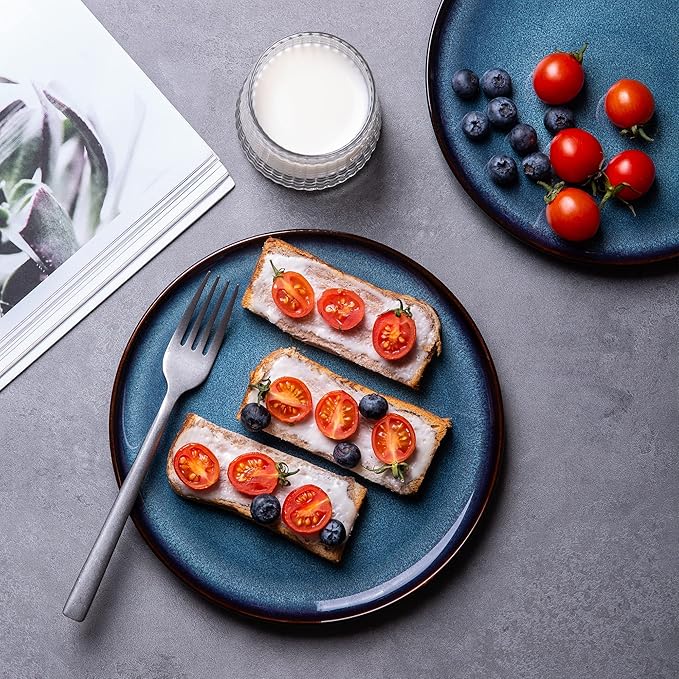 LERATIO Ceramic Plate Set of 6,8.5 Inch Reactive Glaze Light Weight Porcelain Salad Plates,Modern Shape Dinnerware Dishes Set for Kitchen,Microwave&Dishwasher&Oven Safe,Resistant-Indigo Blue