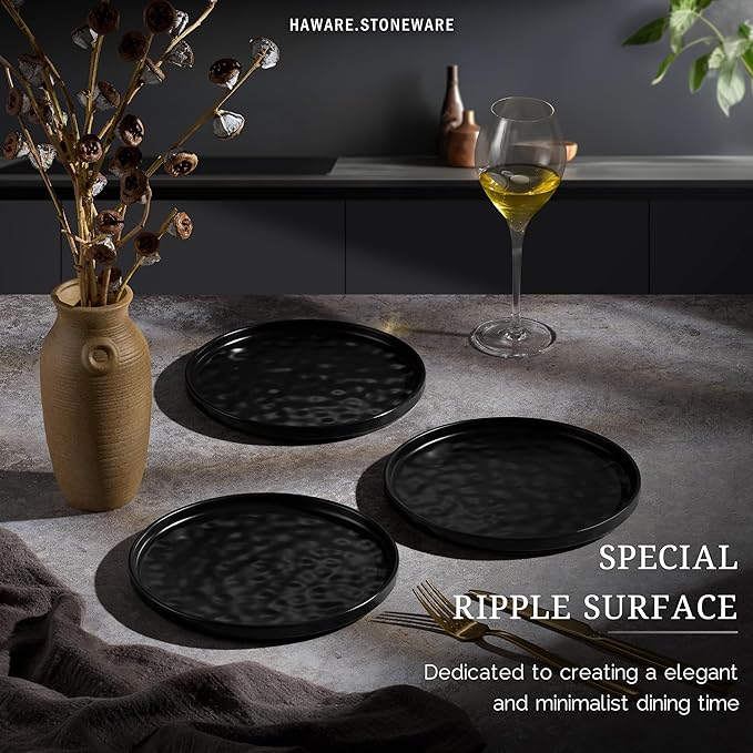 HaWare Stoneware Plates Set of 6, 7.9" Salad Plates, Reactive Glaze Ripple Ceramic Dish Set for Appetizer, Dessert, Scratch Resistant, Small Dinner Plate, Microwave and Dishwasher Safe, Matte Black