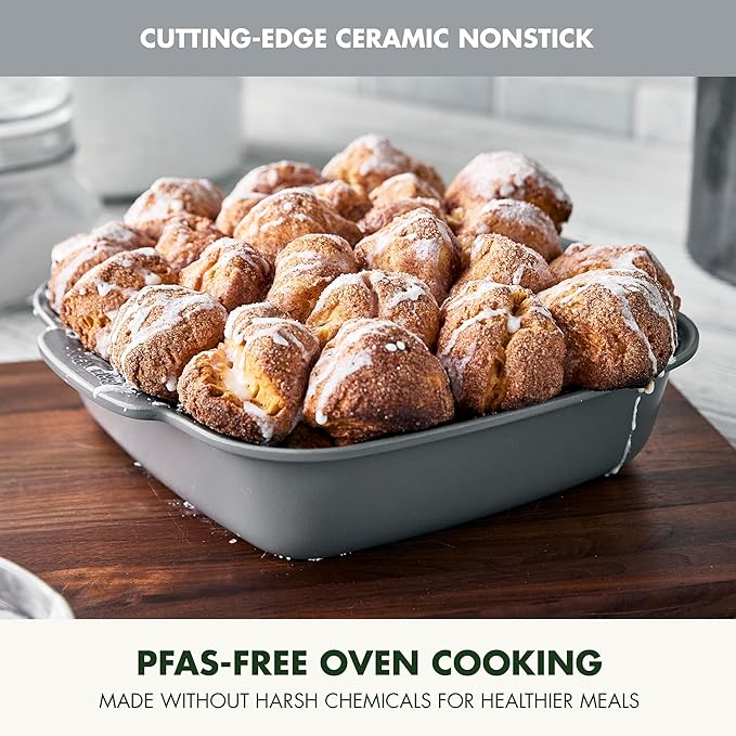 GreenPan Premiere Ovenware Healthy Ceramic Nonstick 8" Square Cake Baking Pan, Cast Aluminum Bakeware, Warp-Free, Oven and Broiler safe to 600F, Dishwasher Safe, PFAS-Free, Gray