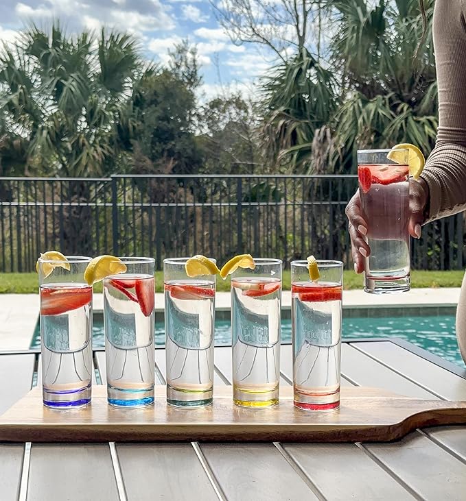 Red Co. Set of 6 Collins Slim Tall Highball 10 Fl Oz Water Beverage Glasses with Multicolor Bottoms