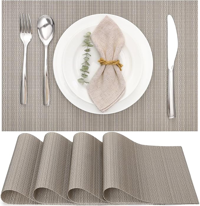 Myir JUN Placemats Set of 4, Vinyl Woven Placemats Place Mats Indoor Set of 4 Washable Table Mats Non-Slip Place mats for Dining Table (Golden Silver, Set of 4)