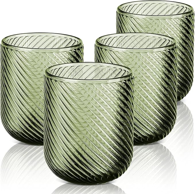 Joeyan Vintage Small Drinking Glasses,Green Ribbed Embossed Colored Water Glasses Tumbler Cups,Glassware for Beverages Cocktail Whisky Beer Juice,9 oz,Set of 4,Dishwasher Safe