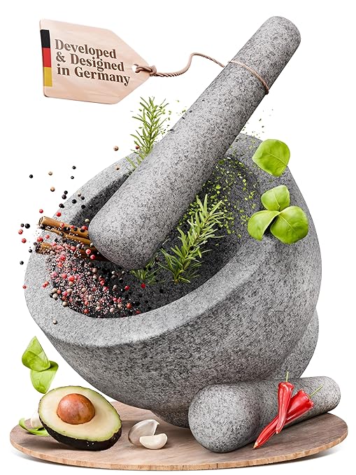 ChefSofi Extra Large 8 Inch 5 Cup-Capacity Mortar and Pestle Set - One Huge Mortar and Two Pestels: 8.5 inch and 6.5 inch - Unpolished Heavy Granite for Enhanced Performance and Organic Appearance