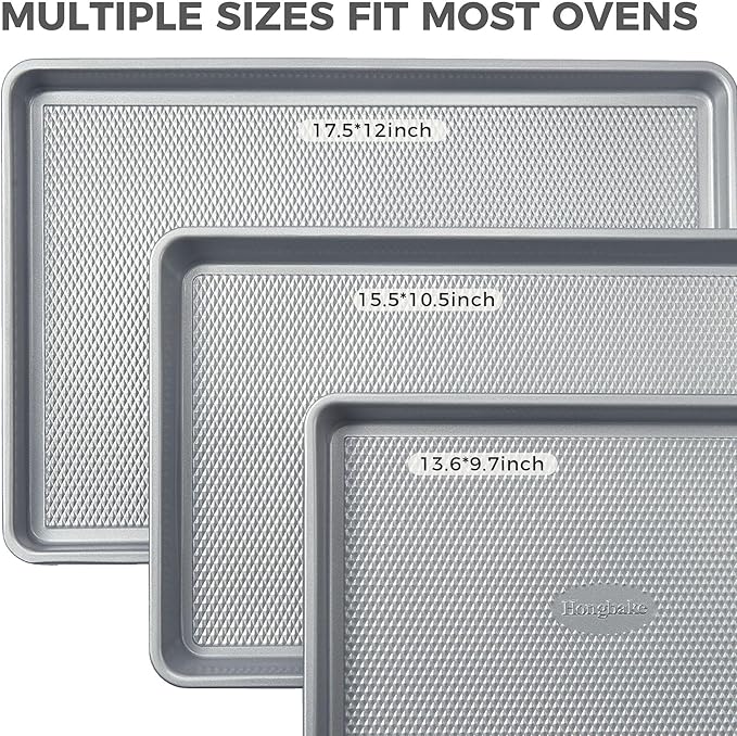 HONGBAKE Naturally Non Toxic Baking Sheet Pan Set of 3, Heavy Duty Aluminized Steel Cookie Sheets, Half/Quarter/Jelly Roll Pans with Textured Nonstick Surface, Free of PTFE & PFOA