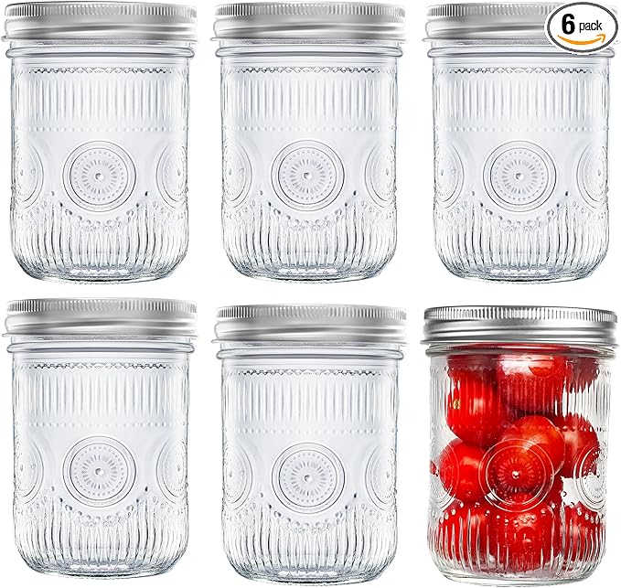 Amzcku 16oz vintage Mason Jars with Lids, Wide Mouth Canning Jar, Safe For Storage, Canning, Pickling, Preserving, Fermenting, DIY Crafts & Decor 6 Pack