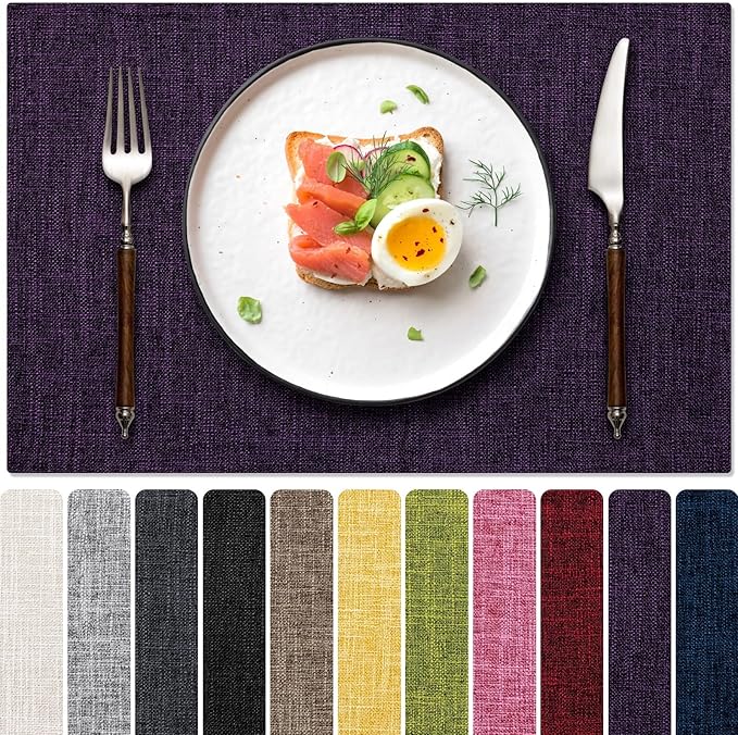 Blue Forest Placemats Set of 4, Dual-Layered Thickened Faux Linen Cloth Place Mats Heat Resistant Machine Washable Wrinkle Free Table Mats Indoor/Outdoor (Purple)