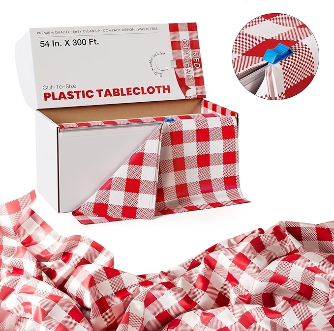 Exquisite Party Solids 54 Inch X 300 Feet Red Gingham Plastic Table Cover Roll in A Cut - to - Size Box with Convenient Slide Cutter. Cuts Up to 36 Rectangle 8 Feet Plastic Disposable Tablecloths