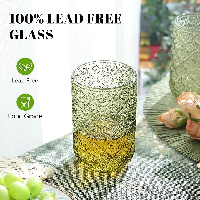 Joeyan Vintage Green Drinking Glasses,Embossed Floral Highball Glass Water Tumbler,14 oz Colored Beverages Juice Cocktail Beer Wine Glassware Cups,Set of 4,Dishwasher Safe