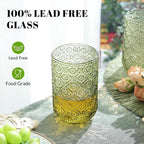 Joeyan Vintage Green Drinking Glasses,Embossed Floral Highball Glass Water Tumbler,14 oz Colored Beverages Juice Cocktail Beer Wine Glassware Cups,Set of 4,Dishwasher Safe