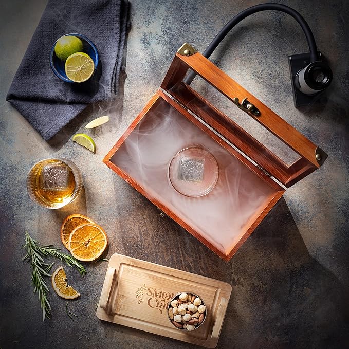 Old Fashioned Smoker Kit - Whiskey Smoker Kit with Smoking Gun, Cocktail Smoke Box, Food Tray and Wood Chips (Apple & Cherry) - Bourbon Gifts for Men