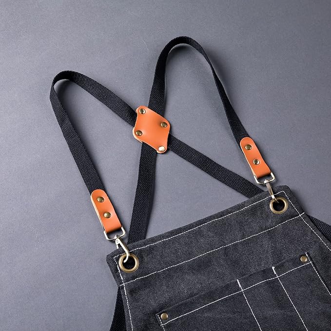 Canvas Aprons for Men Chef Apron, Work Apron with Large Pockets - 16oz Heavy Duty Cross Back, BBQ, Cooking