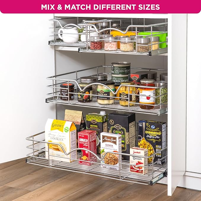 HOLDN’ STORAGE Pull Out Cabinet Organizer, Individual Sliding Drawers - Heavy Duty Metal with Lifetime Limited Warranty - Anti Rust Chrome Finish (Single Tier, 11" W)