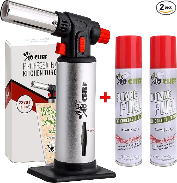 Jo Chef Kitchen Torch with Butane Included – Refillable Lighter with Safety Lock & Adjustable Flame, Blow Culinary Torch for Cooking, BBQ, Creme Brulee, DIY and Soldering - 2 Cans (5.07oz) Included