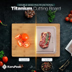 Double-Sided 100% Titanium Cutting Board with Bamboo Charcuterie Side – Pure Titanium Cutting Boards for Kitchen – Large(16"x12") Elegant Cutting Board w/Juice Groove & Wood Presentation Surface