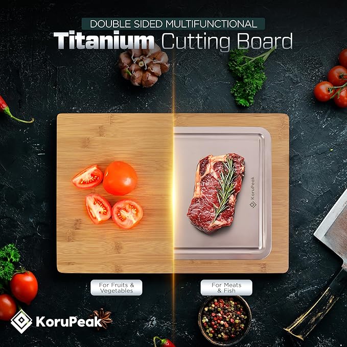 Double-Sided 100% Titanium Cutting Board with Bamboo Charcuterie Side – Pure Titanium Cutting Boards for Kitchen – Large(16"x12") Elegant Cutting Board w/Juice Groove & Wood Presentation Surface