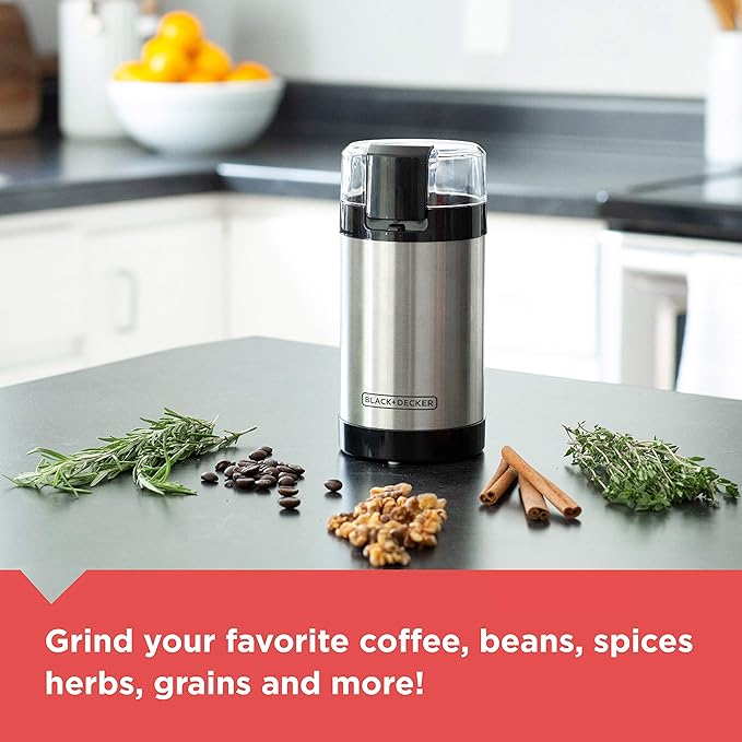 BLACK+DECKER One Touch Coffee Grinder, 2/3 Cup Coffee Bean Capacity, Spice Grinder, One Touch Push-Button Control -150 Watts -Stainless Steel Blades (Pack of 4)