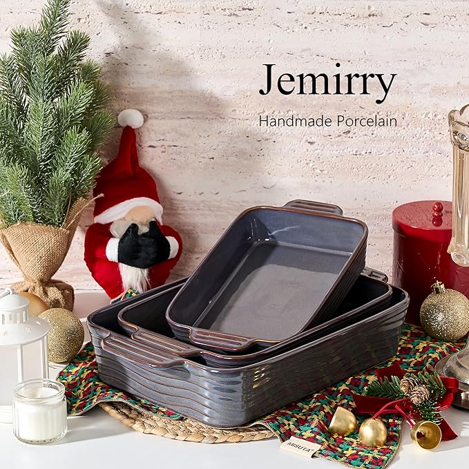 Ceramic Baking Dish Set of 3, Casserole Dishes for Oven, Square Porcelain Bakeware Set with Handles, Lasagna Baking Pan for Cooking, Perfect for Baking and Serving, Housewarming, Halloween, Thanksgiving, Christmas, New Year- Kiln-Transformed Purple