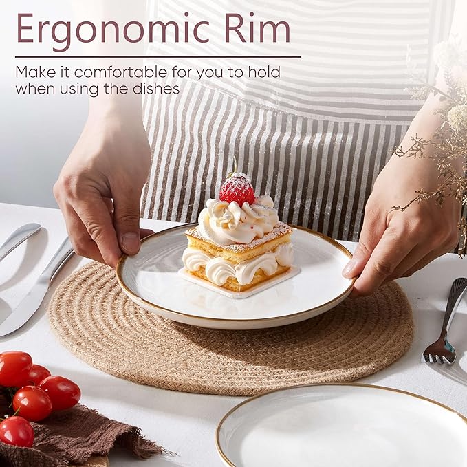 Herogo Ceramic 7.9 Inch Porcelain Dessert Plates Set of 6, Small Stoneware Dinner Plate Set, Double Reactive Glaze Large Dinnerware Plates for Kitchen, Microwave, Oven & Dishwasher Safe, Ivory White