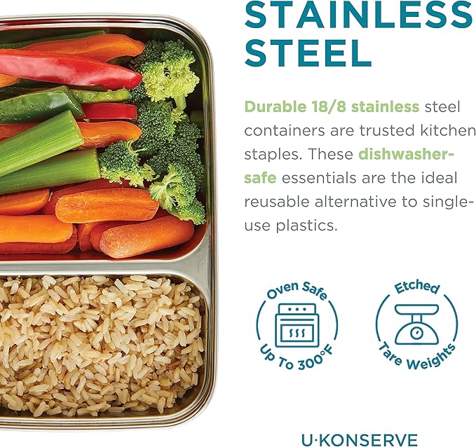 U Konserve Stainless Steel Rectangle Divided Food Storage Bento Box Container, Leak Proof Silicone Lid Dishwasher Safe - Plastic Free, (28oz Cosmic Blue)